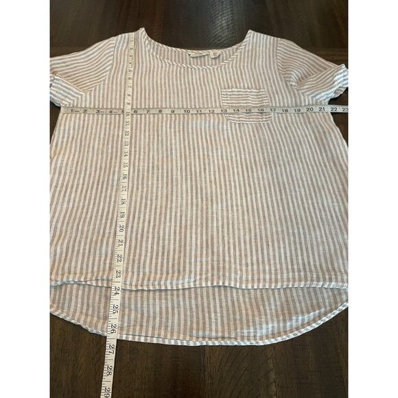 Christian Siriano 100% Linen Tan Striped Short Sleeve Boxy Top Blouse Size Large - Picture 5 of 8